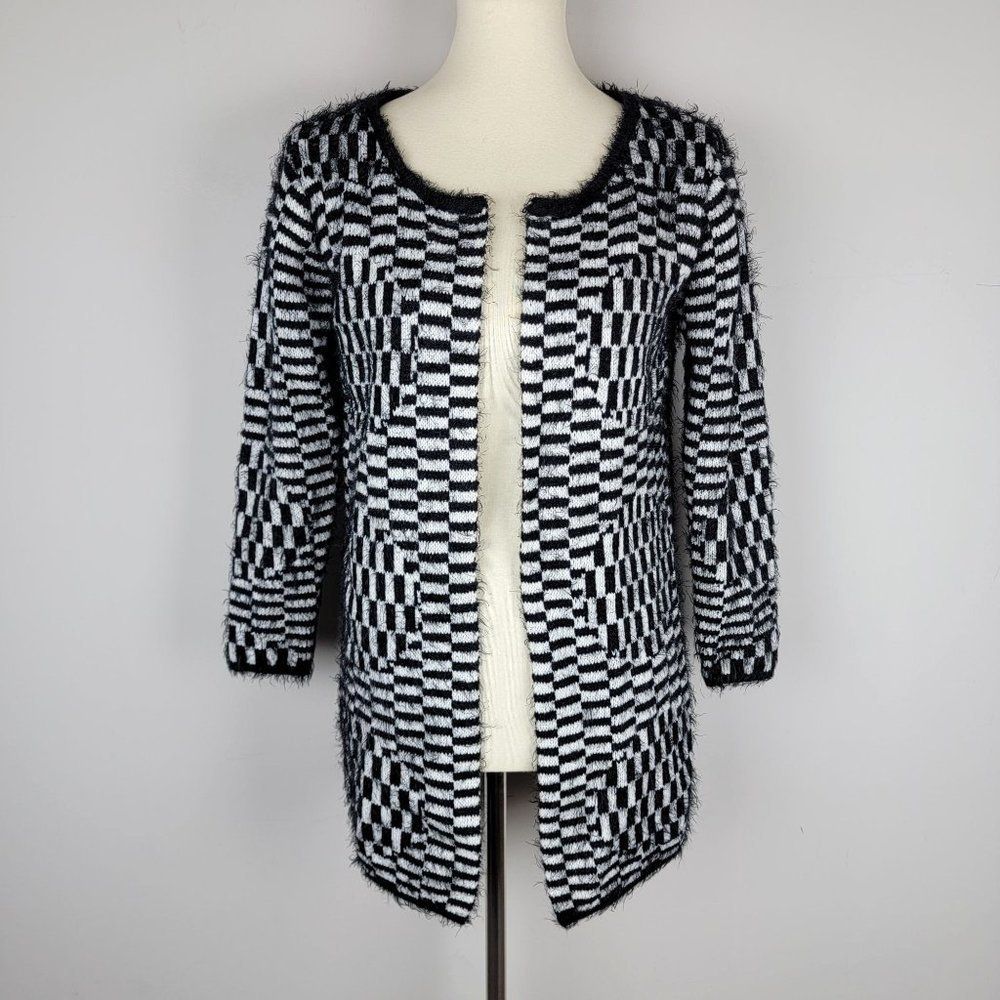 I'm Black White Eyelash Checkered Prints Long Sleeves Mid Length Open Cardigan